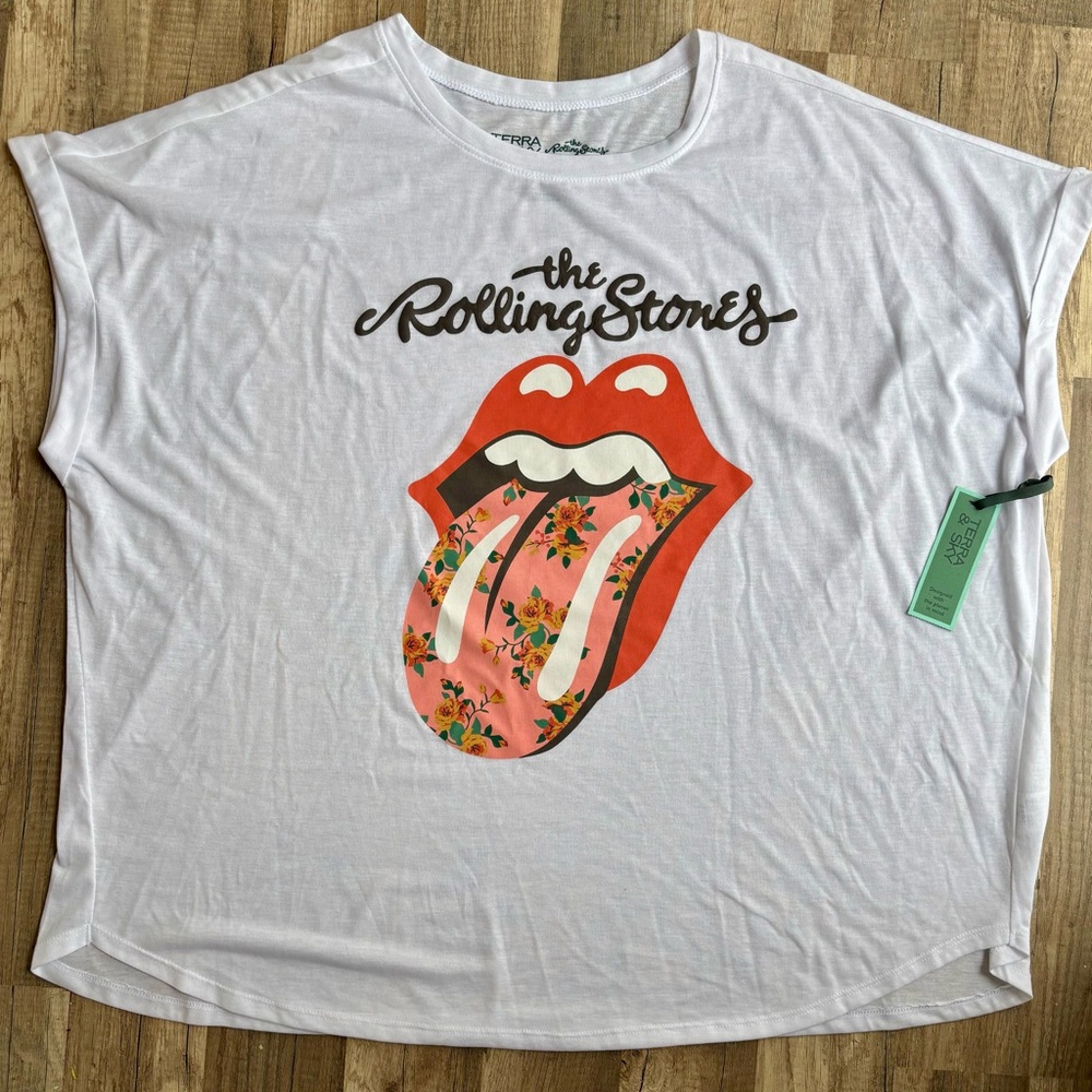 Terra & Sky Rolling Stones Floral Graphic White Tee